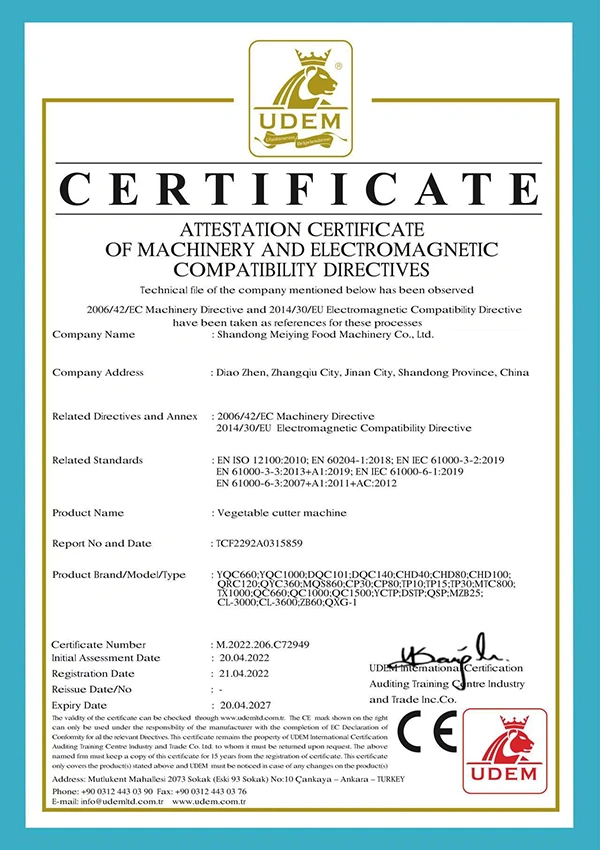 Certificación CE del equipo de procesamiento de vegetales 