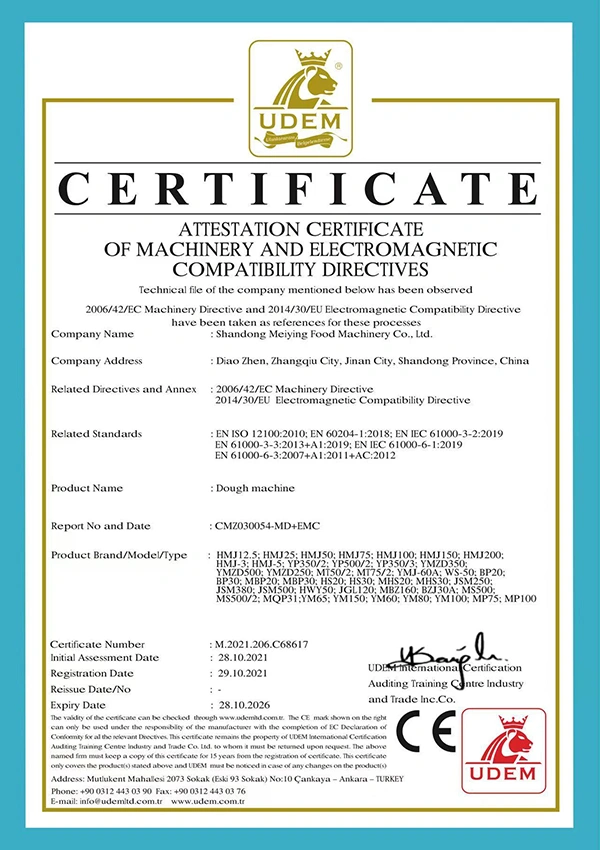 Certificación CE del equipo de procesamiento de masa 