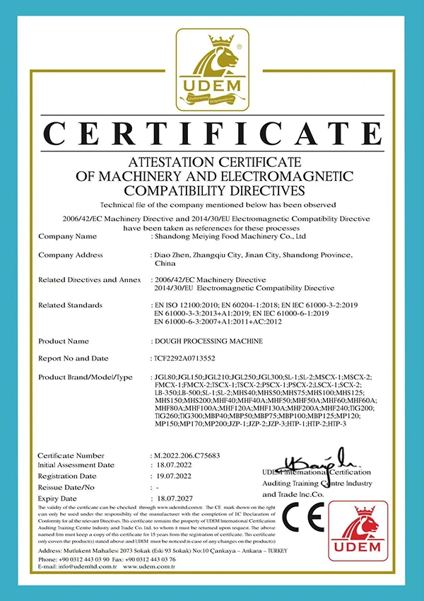 Certificación CE del equipo de procesamiento de masa