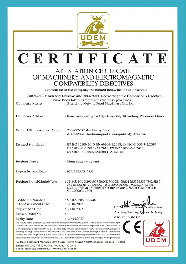 Certificación CE de las máquinas cortadoras de carne