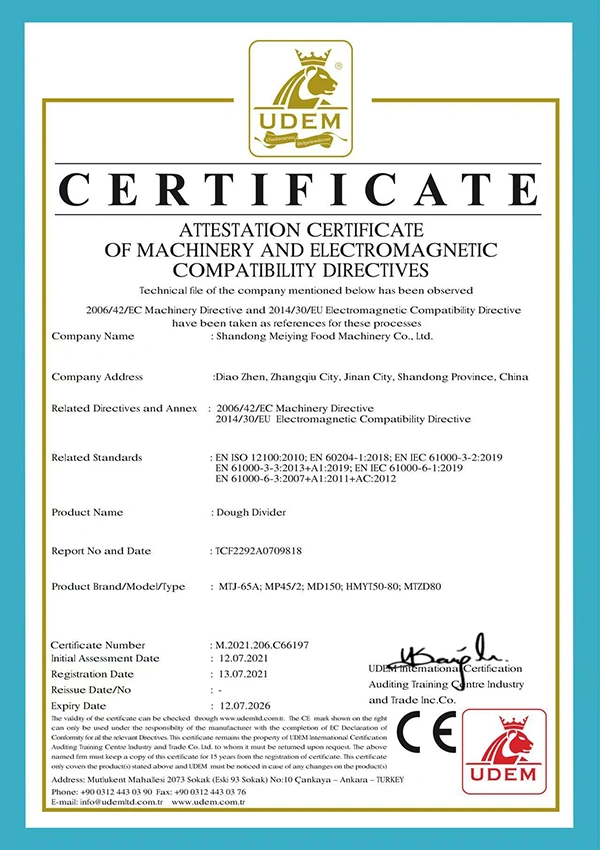 Certificación CE de las divisoras de masa